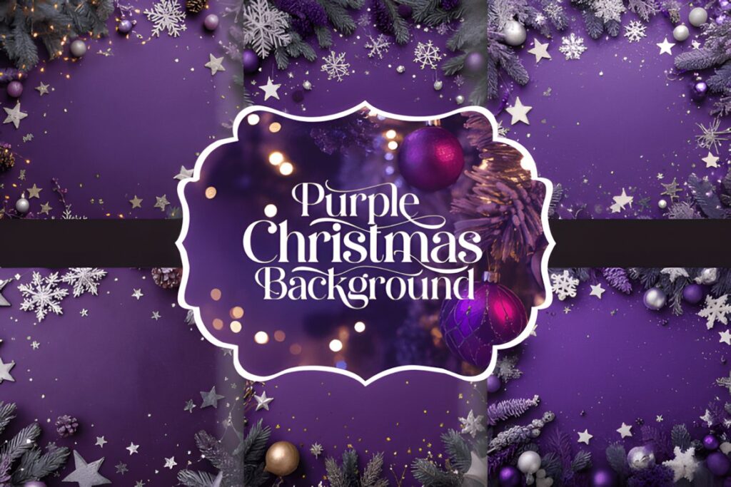 Christmas digital scrapbook paper featuring purple backgrounds with ornaments, snowflakes, stars, and festive textures