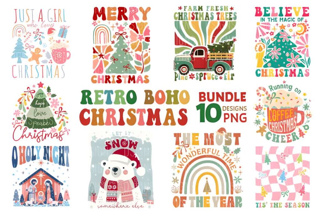 Christmas t-shirt design ideas for POD sellers featuring retro boho Christmas bundle with nostalgic and softer boho holiday