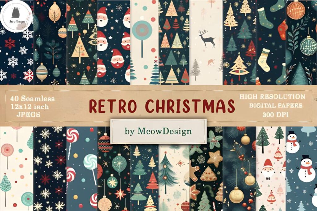 Christmas digital scrapbook paper with retro Christmas patterns including Santa, trees, snowmen, and ornaments in vintage