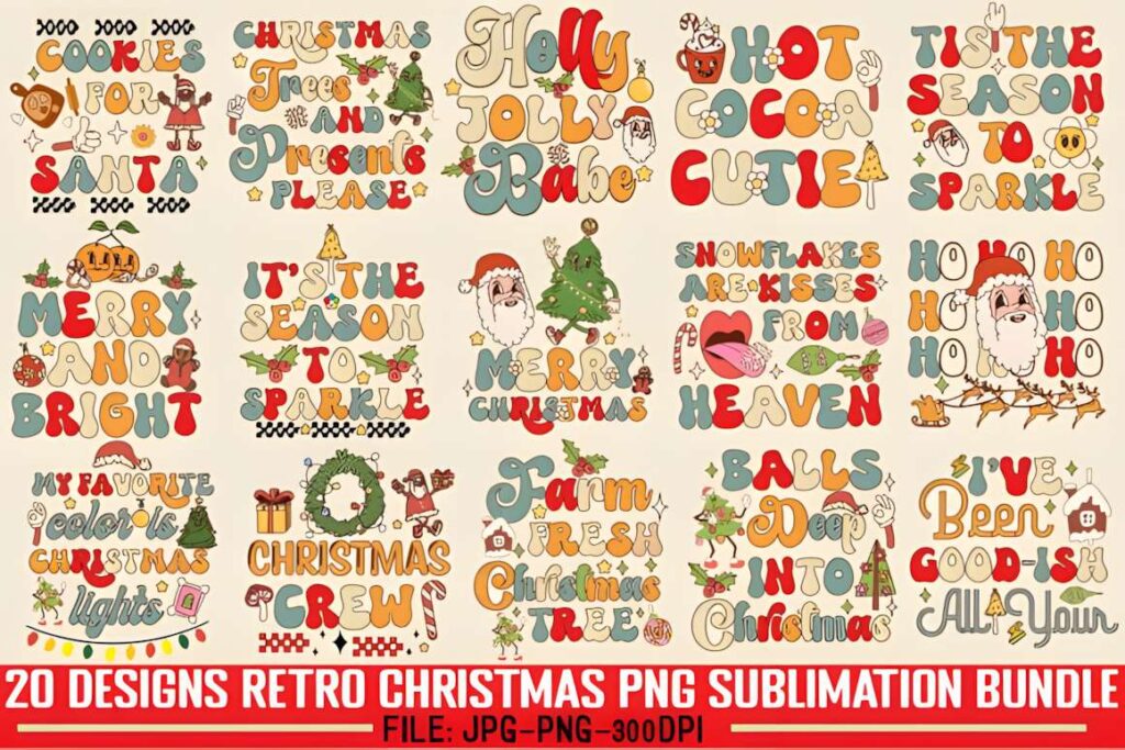 Christmas t-shirt design ideas for POD sellers featuring 20 retro Christmas PNG sublimation designs with festive text and