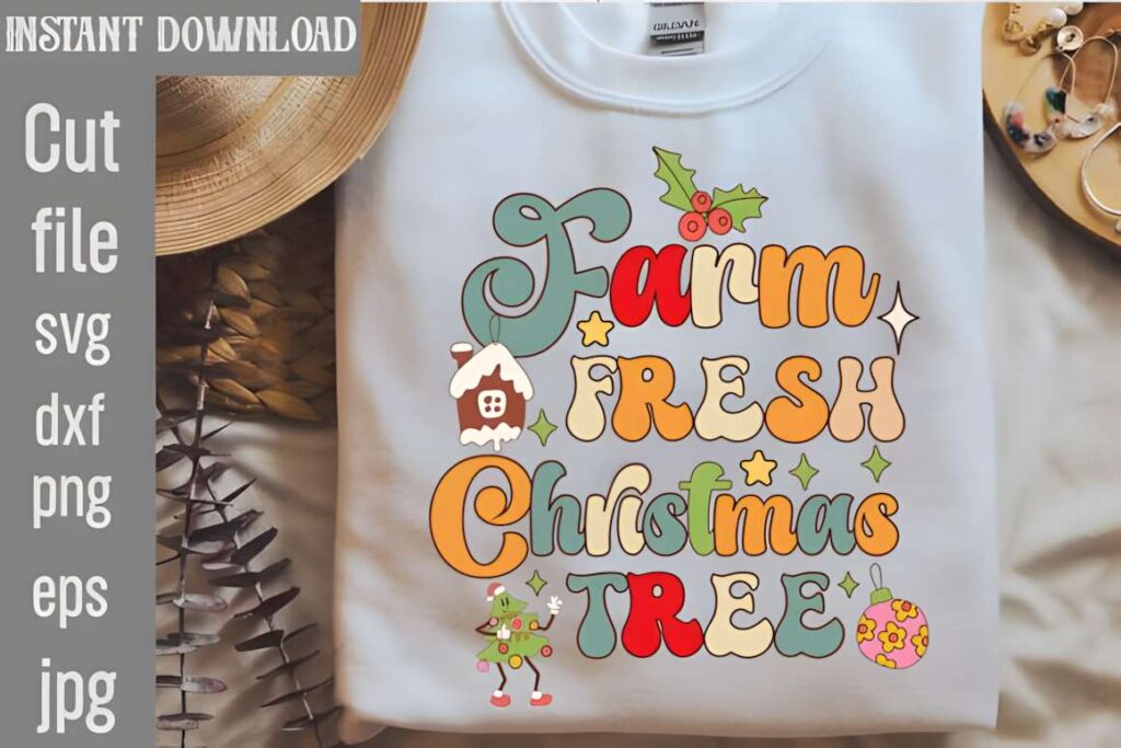 Christmas t-shirt design ideas for POD sellers featuring colorful retro style Farm Fresh Christmas Tree text and festive
