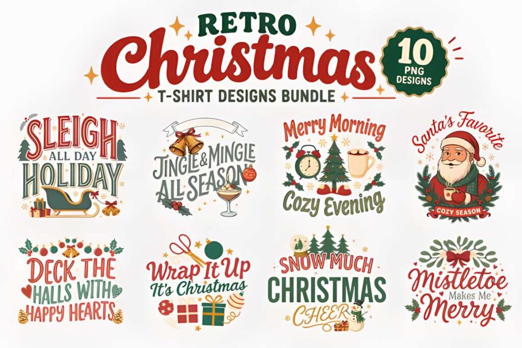 Christmas T-shirt design ideas for POD sellers featuring retro holiday graphics with 10 PNG designs including Santa, sleigh
