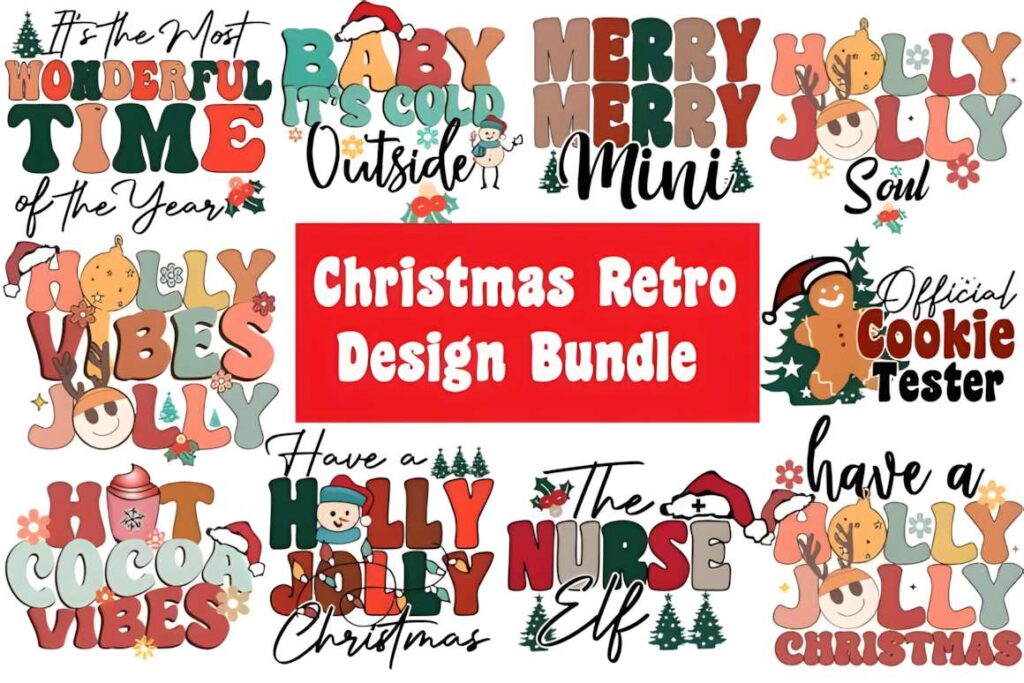 Christmas T-shirt design ideas for POD sellers featuring retro holiday phrases and graphics in a colorful bundle