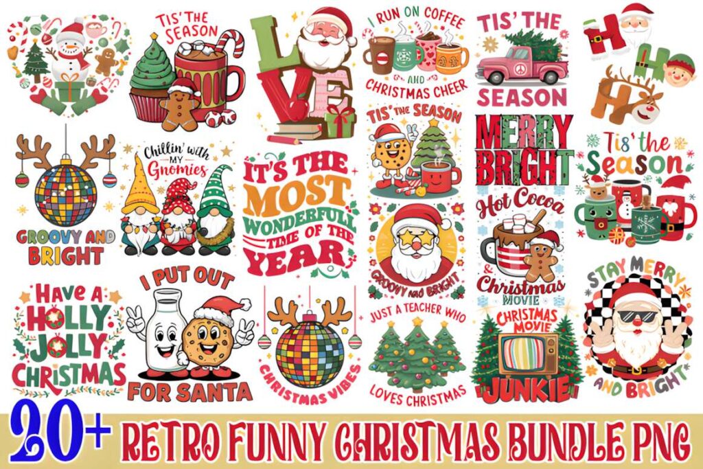 Christmas t-shirt design ideas for POD sellers featuring retro funny Christmas bundle with humorous vintage-style graphics