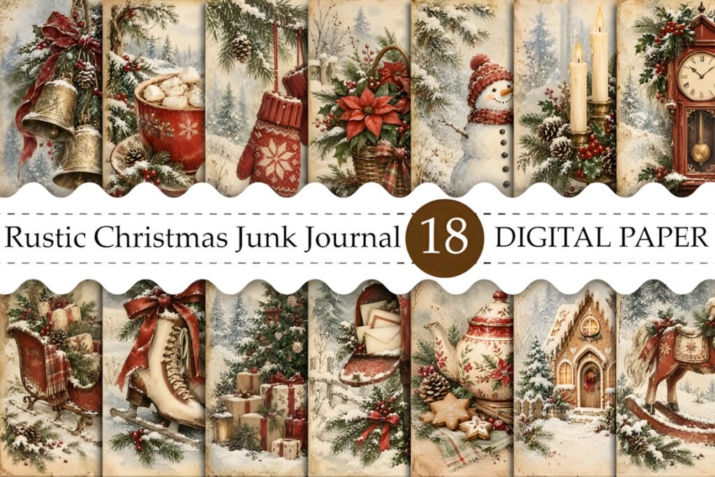 Christmas digital scrapbook paper featuring rustic holiday designs like bells, mittens, snowman, candles, and gingerbread