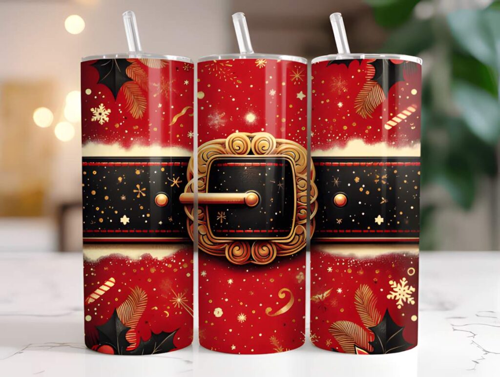Christmas tumbler sublimation designs featuring a festive Santa belt wrap with red, black, and gold holiday elements
