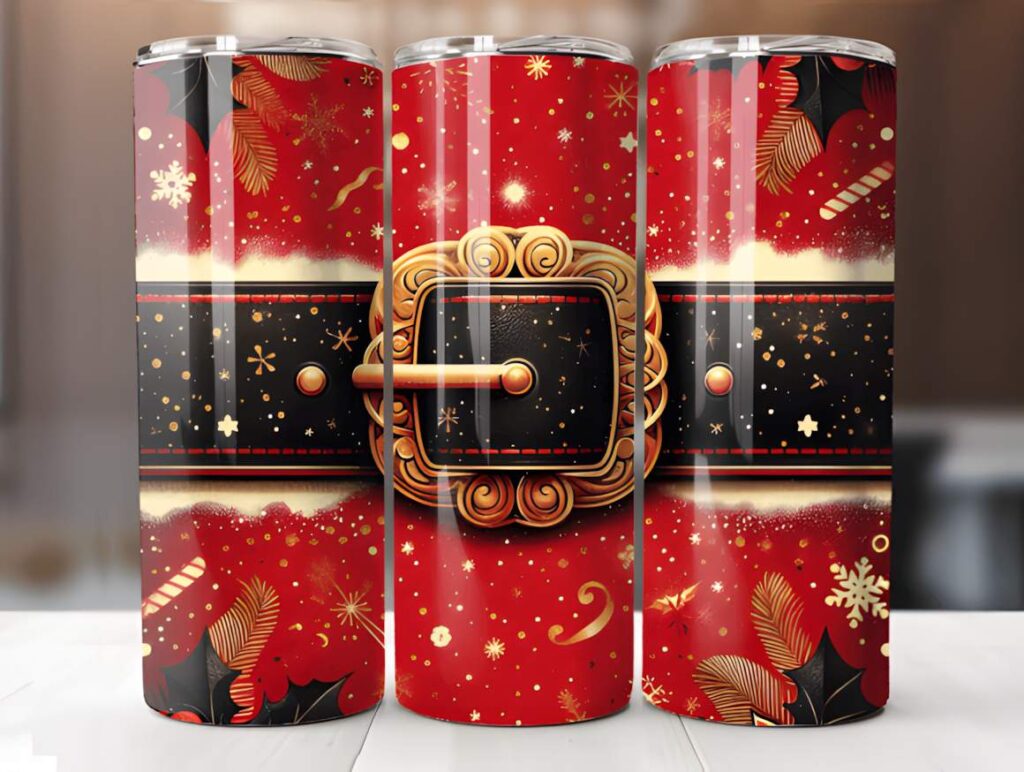 Christmas tumbler sublimation designs featuring Santa belt wrap with red background and gold buckle