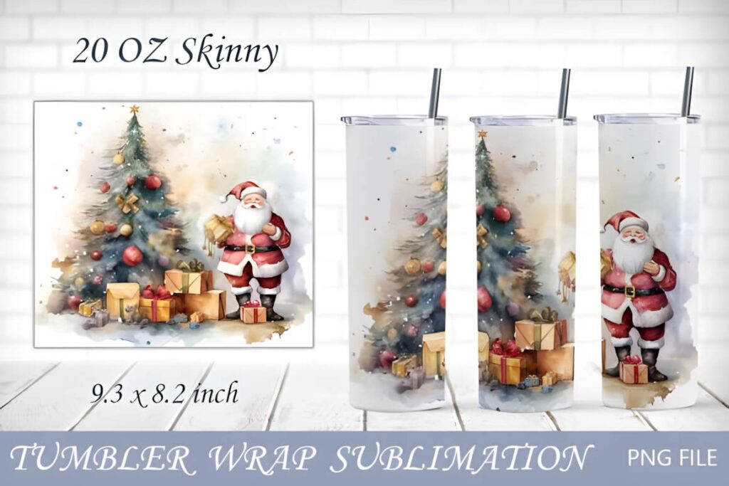 Christmas tumbler sublimation designs vintage Santa wrap with tree and gifts for 20 oz skinny tumbler