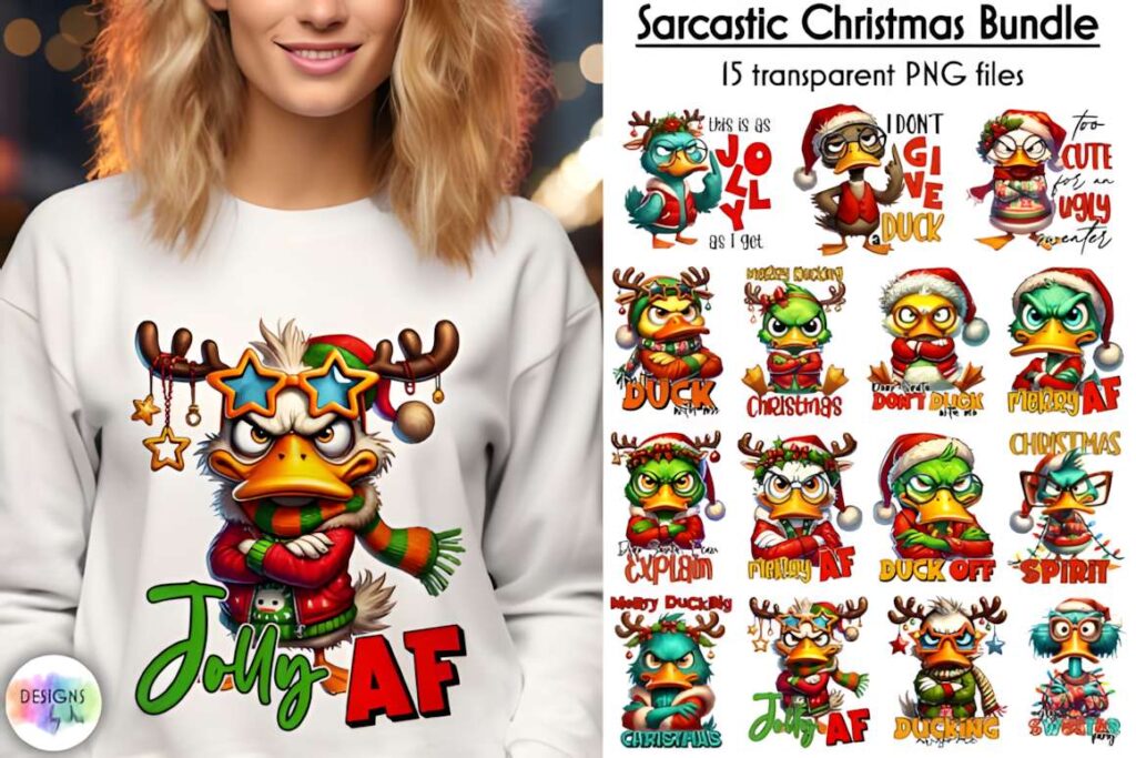Christmas t-shirt design ideas for POD sellers featuring a sarcastic grumpy duck wearing star-shaped glasses and holiday