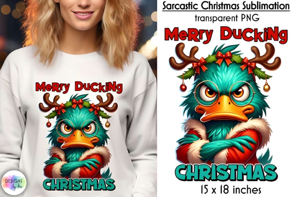 Christmas T-shirt design ideas for POD sellers featuring a sarcastic grumpy duck with antlers and holiday decorations