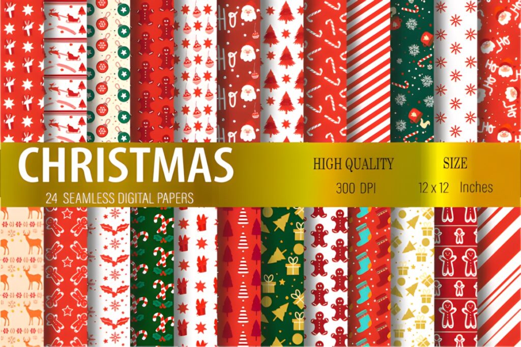 Christmas digital scrapbook paper with 24 seamless festive patterns in red, green, white, and gold for card making