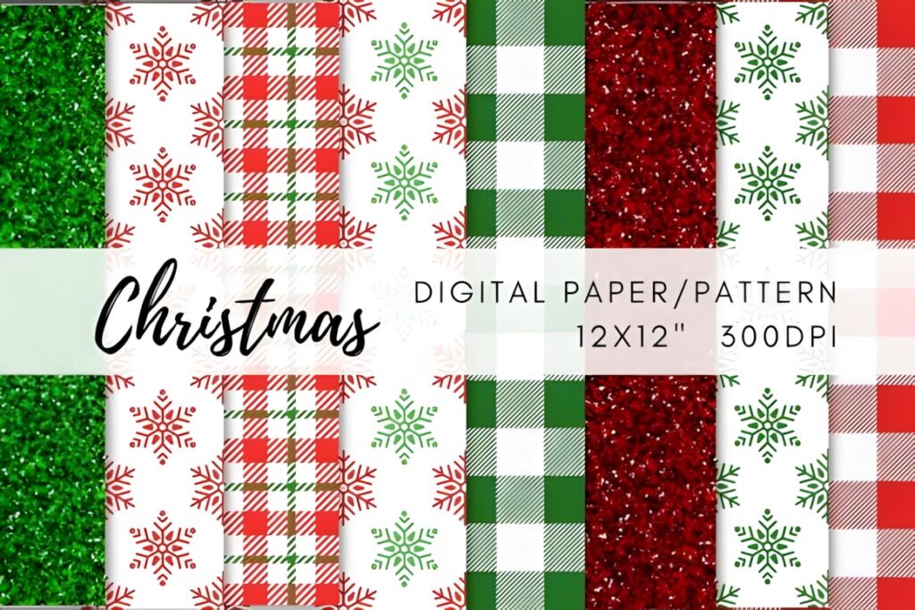 Christmas digital scrapbook paper with red, green, and white seamless patterns including snowflakes and plaid designs