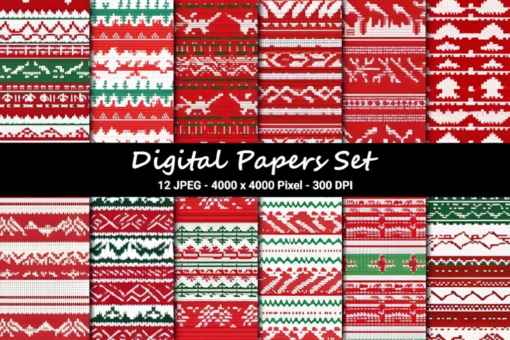 Christmas digital scrapbook paper set with 12 seamless high-resolution repeating patterns in red, green, and white