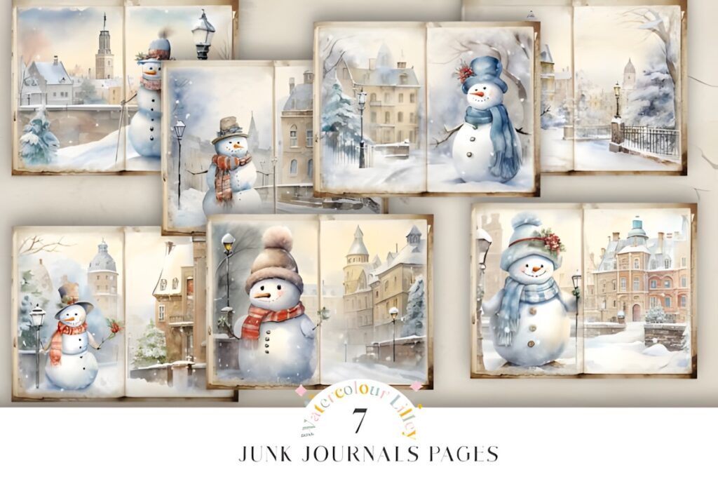 Christmas digital scrapbook paper featuring cozy snowman scenes and vintage winter town backgrounds