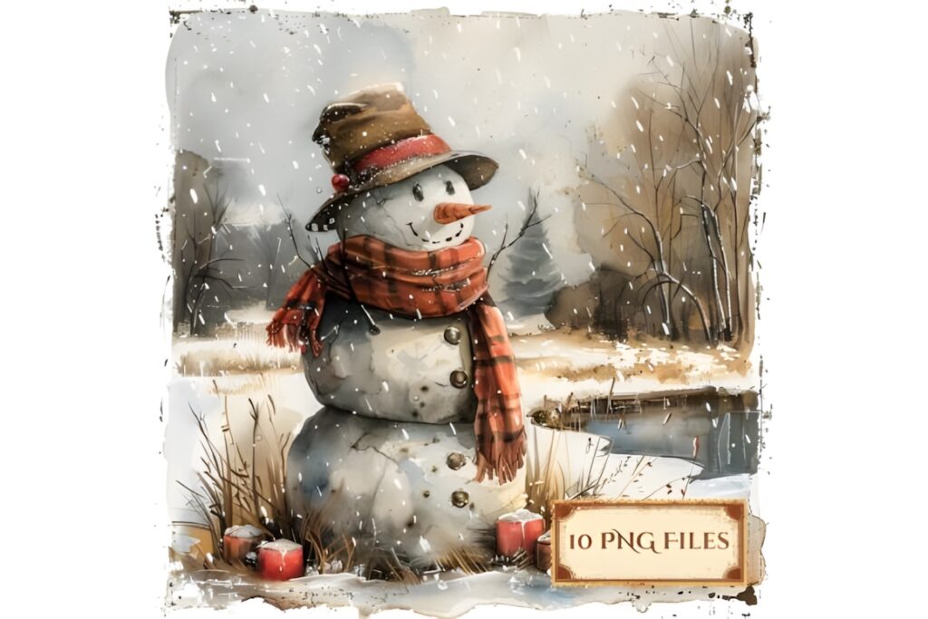 Christmas digital scrapbook paper featuring a snowman in a snowy winter scene with trees and candles