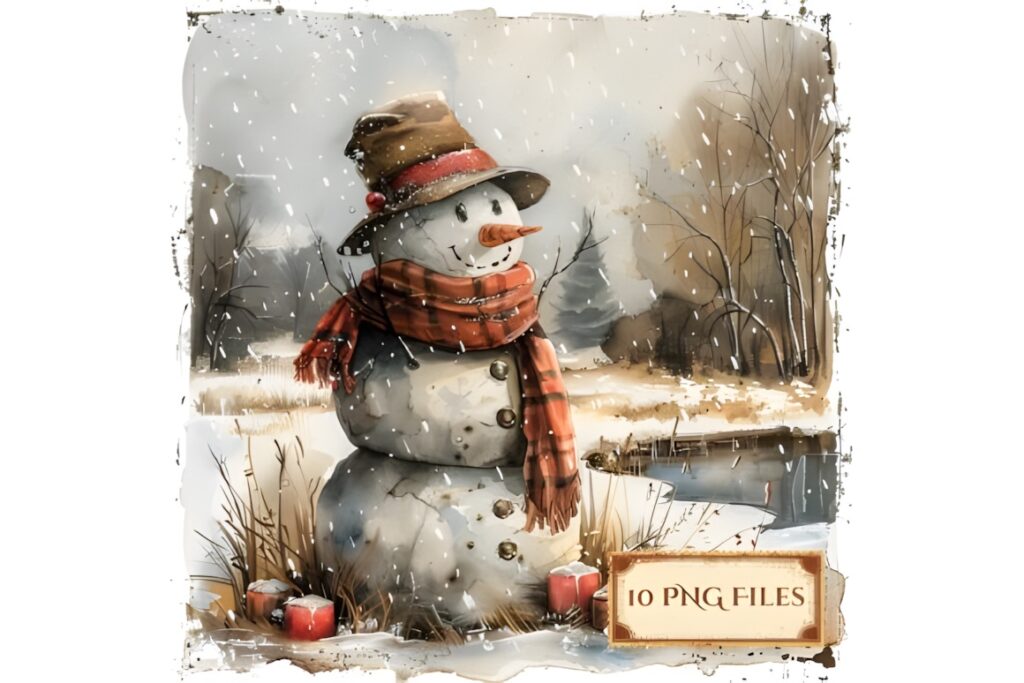 Christmas digital scrapbook paper featuring a snowman with a brown hat and red scarf in a snowy landscape