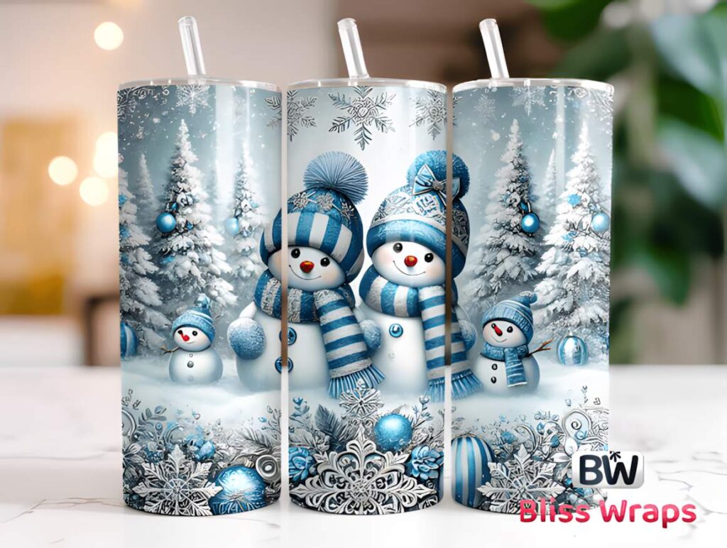 Christmas tumbler sublimation designs featuring two snowmen in blue striped hats and scarves with snowflakes and frosted