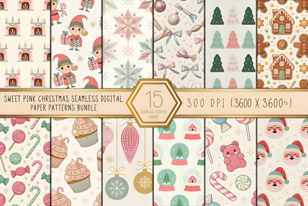 Christmas digital scrapbook paper with sweet pink seamless patterns including elves, cupcakes, ornaments, trees, and candy