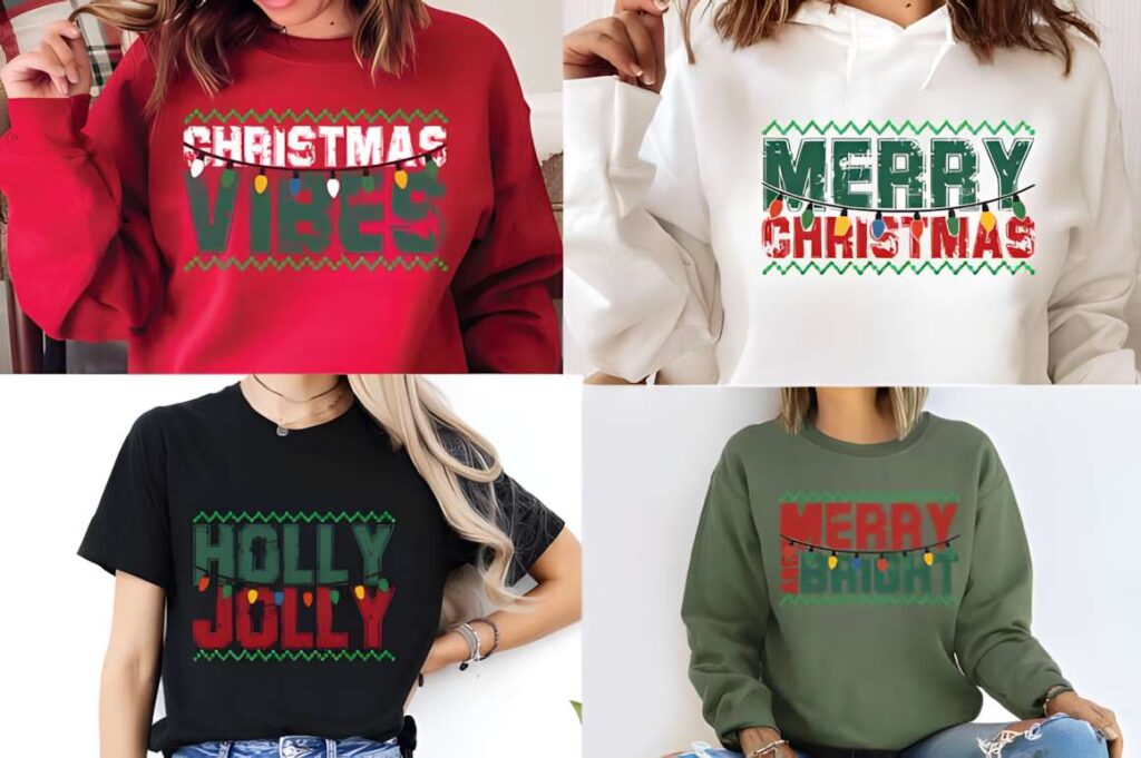 Christmas t-shirt design ideas for POD sellers featuring red, white, black, and green shirts with festive text designs