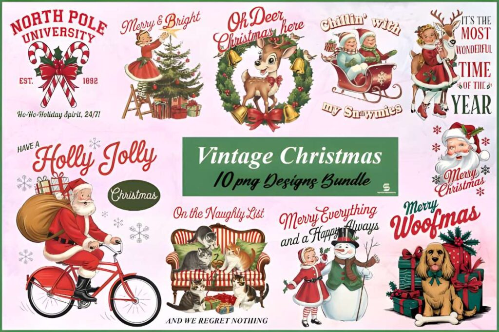 Christmas t-shirt design ideas for POD sellers featuring vintage Christmas PNG bundle with retro holiday illustrations