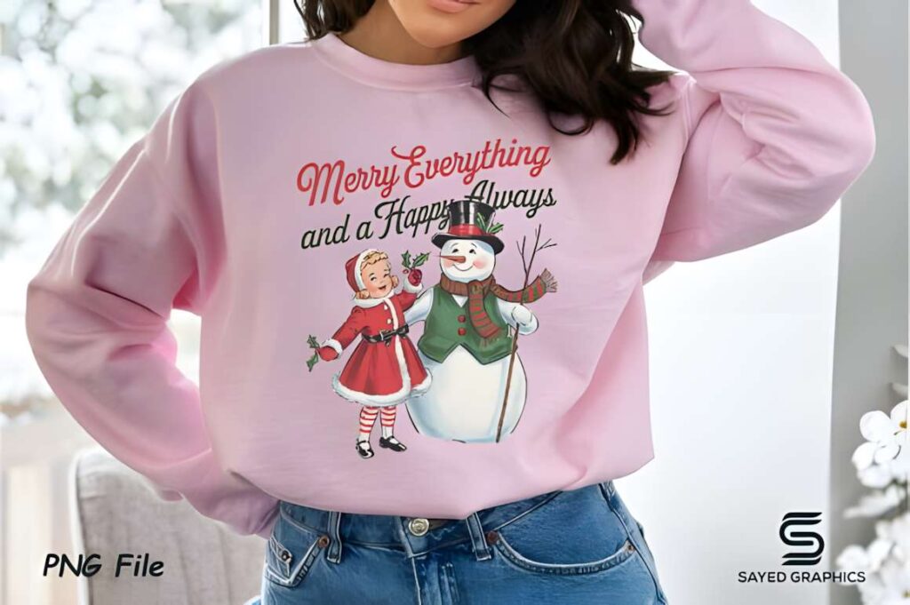 Christmas t-shirt design ideas for POD sellers featuring vintage style snowman and girl with Merry Everything text