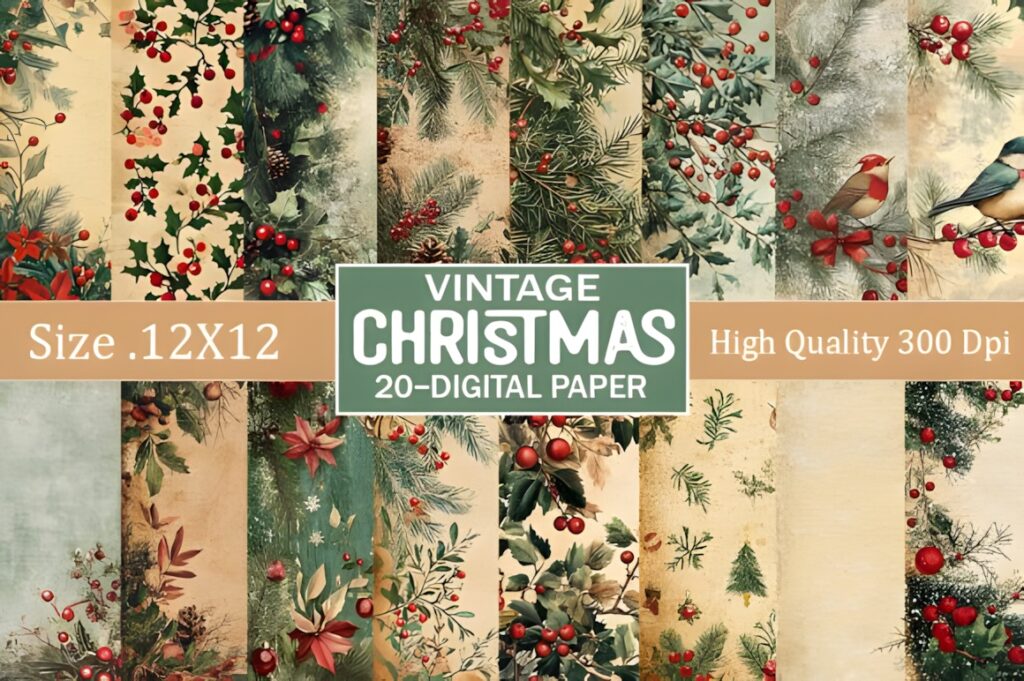 Christmas digital scrapbook paper for printables featuring 20 vintage red and green 12x12 inch backgrounds with holiday