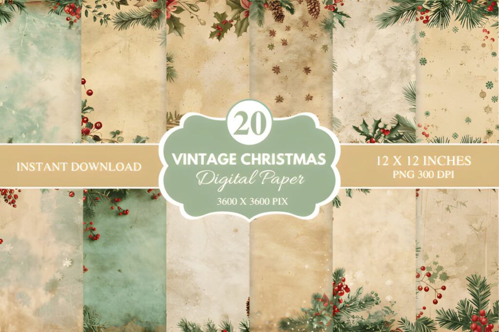 Christmas digital scrapbook paper with vintage holiday designs featuring holly, pine branches, and snowflakes in muted tones
