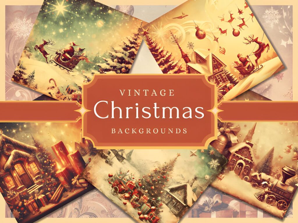 Vintage Christmas digital scrapbook paper with old-fashioned holiday scenes and decorations