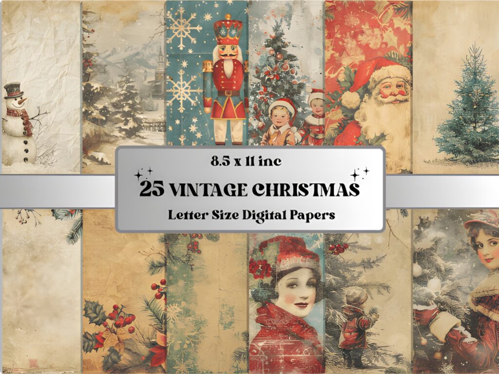 Christmas digital scrapbook paper with 25 vintage holiday designs in 8.5 by 11 inch format