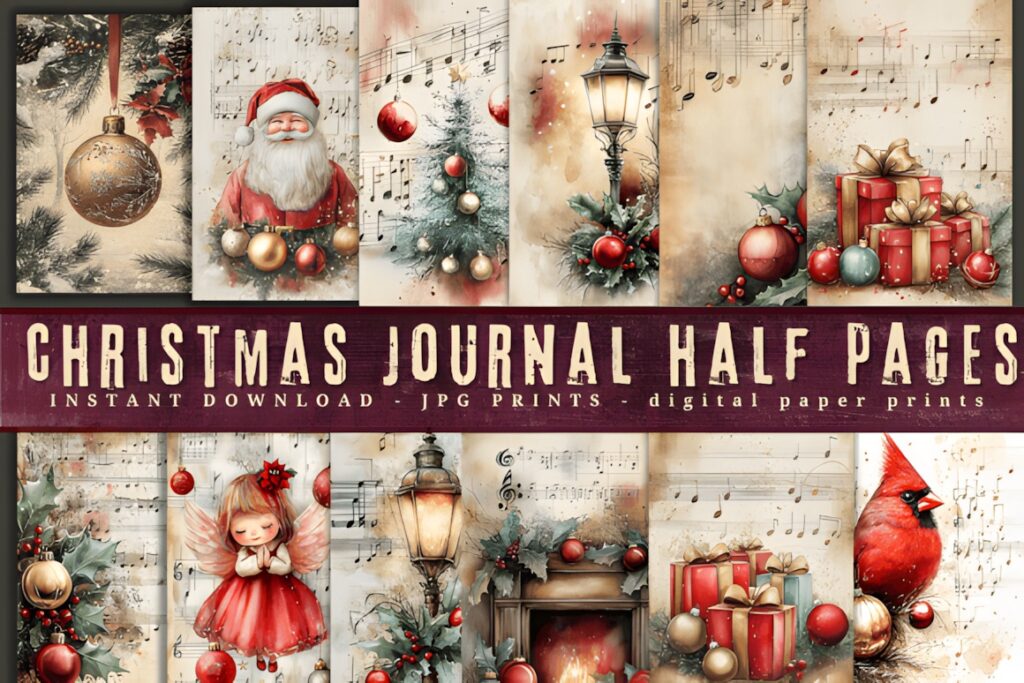 Christmas digital scrapbook paper featuring vintage holiday elements like Santa, ornaments, music notes, and festive
