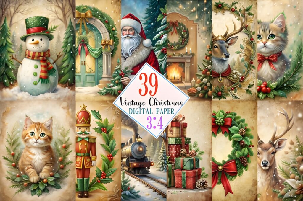 Christmas digital scrapbook paper featuring vintage holiday scenes with Santa, snowman, reindeer, cat, nutcracker, gifts