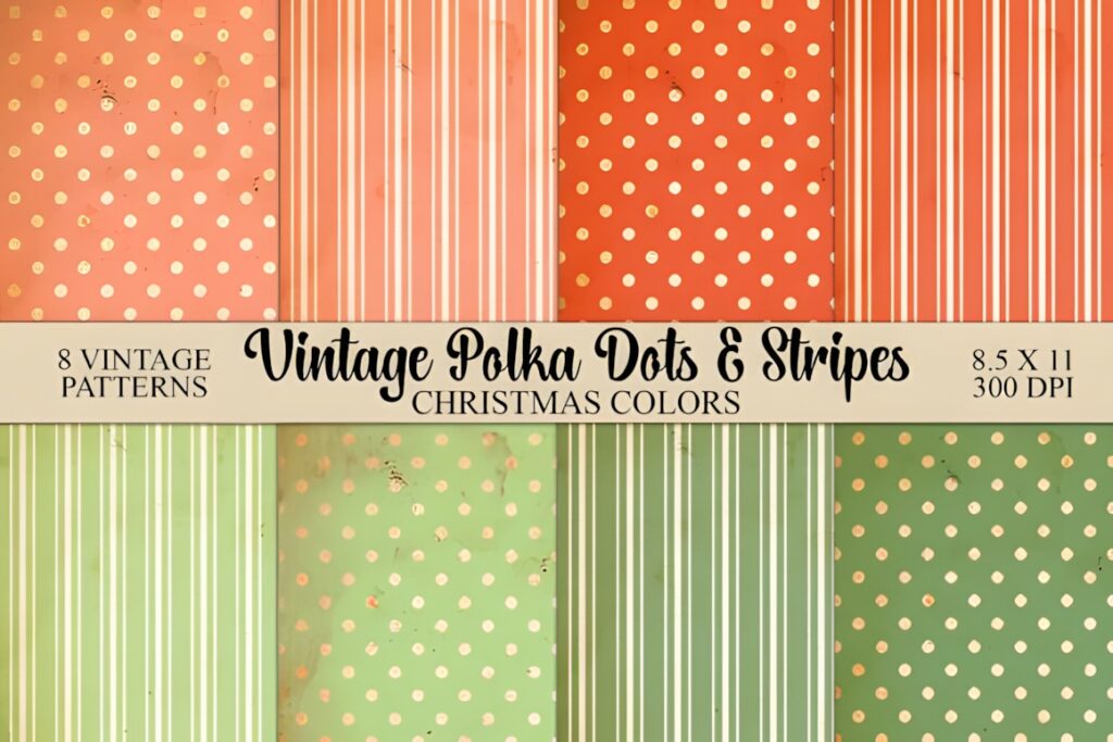 Christmas digital scrapbook paper with vintage polka dots and stripes in red and green tones