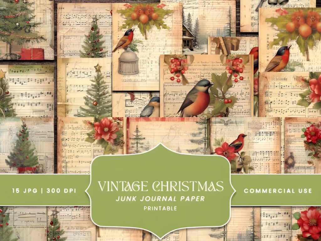 Christmas digital scrapbook paper with vintage style birds, holly, flowers, and sheet music backgrounds