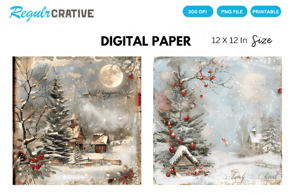 Christmas digital scrapbook paper featuring vintage snowy winter scenes with trees, houses, and red berries