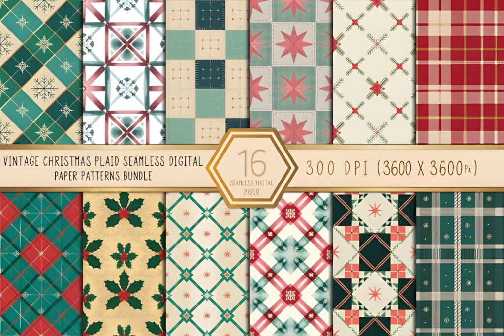 Christmas digital scrapbook paper with vintage plaid and seasonal patterns in red, green, cream, and teal colors