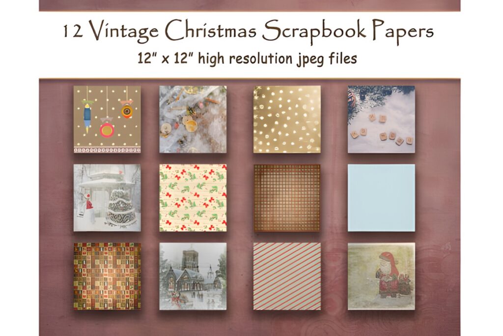 Set of 12 vintage Christmas digital scrapbook paper designs with rustic textures and holiday motifs