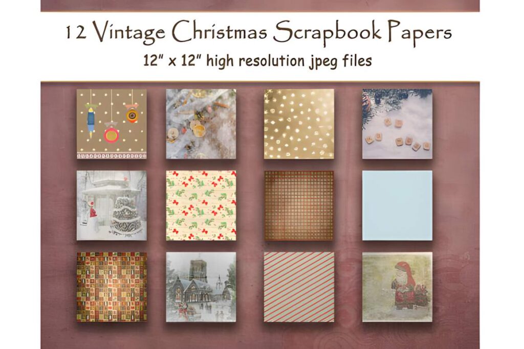 Christmas digital scrapbook paper set with 12 vintage 12x12 inch textured holiday designs