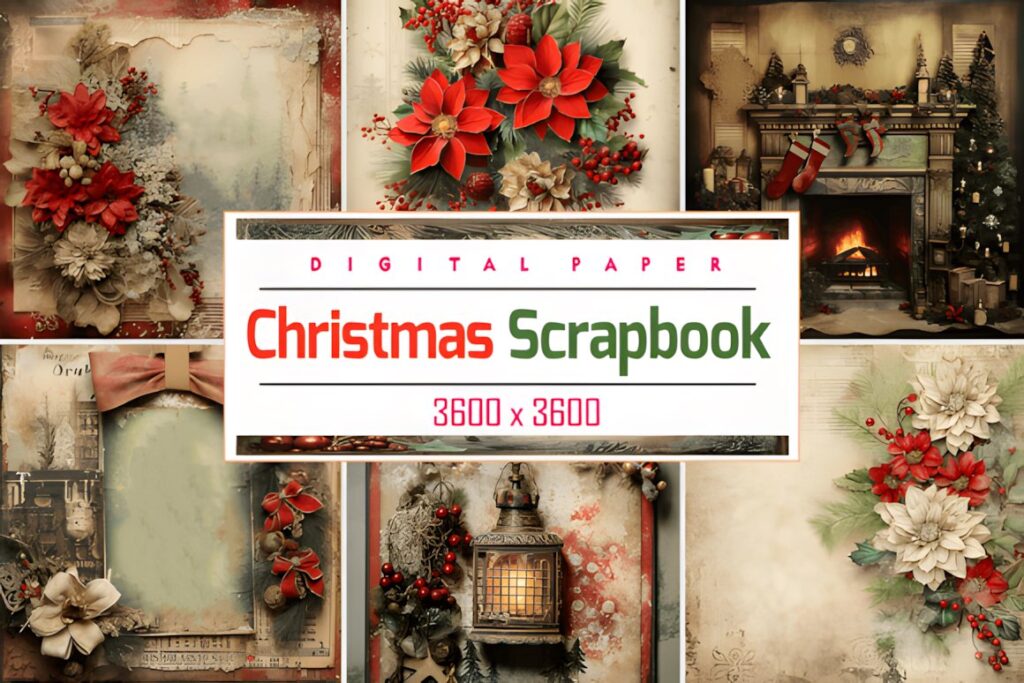 Christmas digital scrapbook paper with vintage floral and holiday-themed designs including poinsettias, fireplace, and wreath