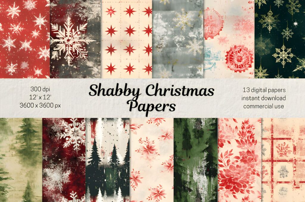 Christmas digital scrapbook paper pack with 13 shabby vintage holiday designs featuring snowflakes, stars, trees, and floral
