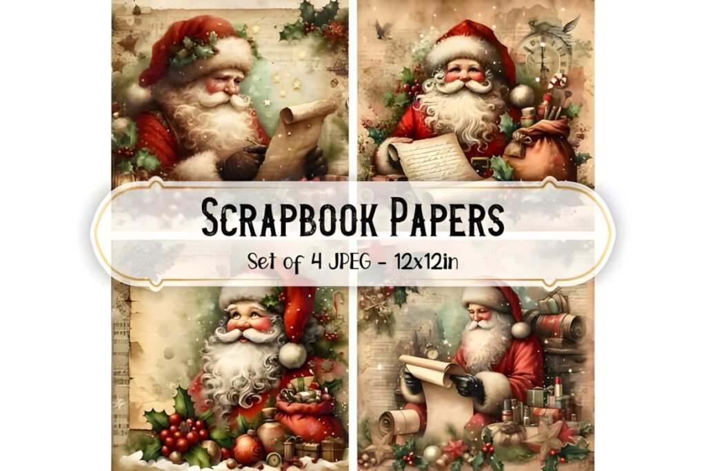 Christmas digital scrapbook paper for printables featuring four vintage Santa Claus designs in 12x12 inch JPG format