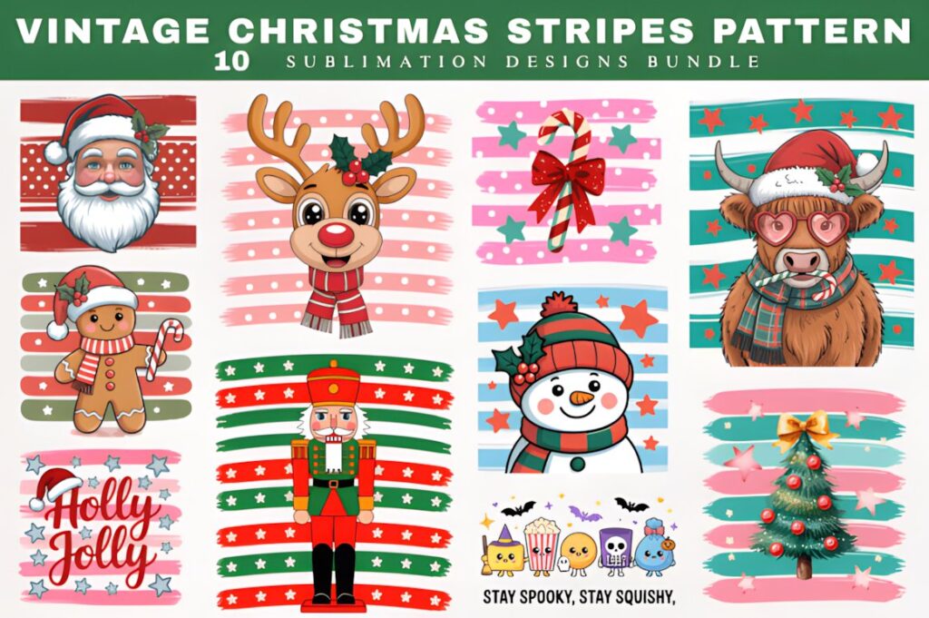 Christmas digital scrapbook paper with vintage stripes and festive characters including Santa, reindeer, gingerbread