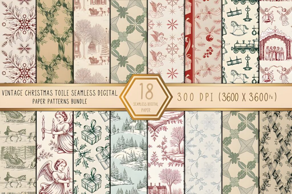 Christmas digital scrapbook paper with vintage toile patterns in muted red, green, and beige tones