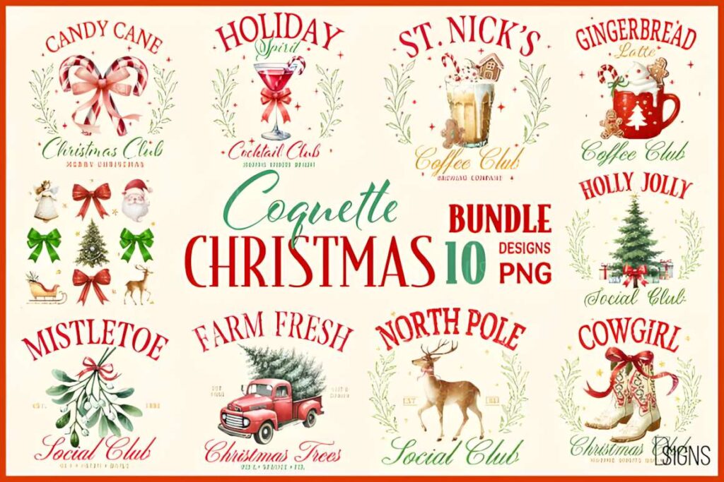 Christmas t-shirt design ideas for POD sellers featuring vintage coquette holiday graphics with bows, nostalgic details, and