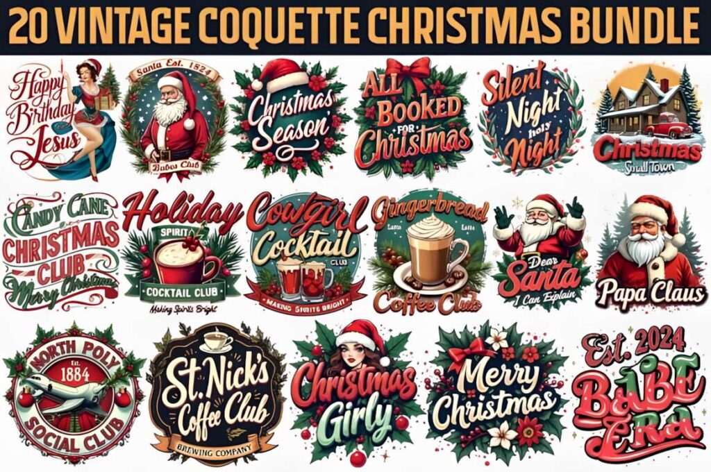 Christmas T-shirt design ideas for POD sellers featuring 20 vintage coquette Christmas themed graphics including Santa