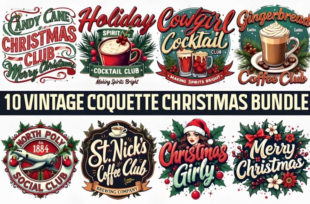 Christmas t-shirt design ideas for POD sellers featuring vintage coquette Christmas bundle with holiday-themed logos and