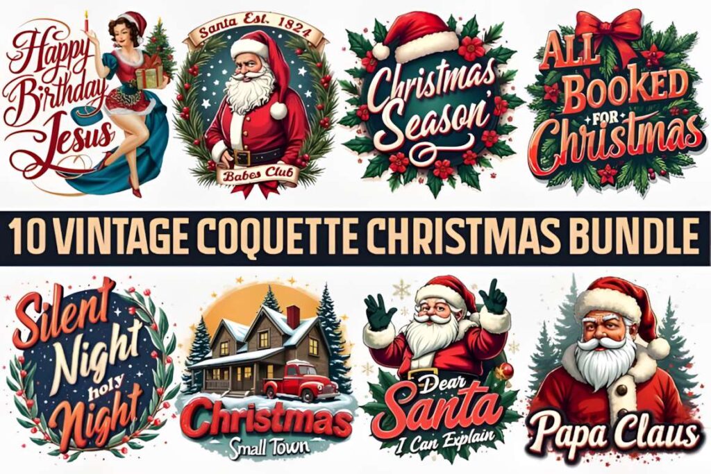 Christmas t-shirt design ideas for POD sellers featuring vintage coquette Christmas bundle with Santa, holiday phrases, and