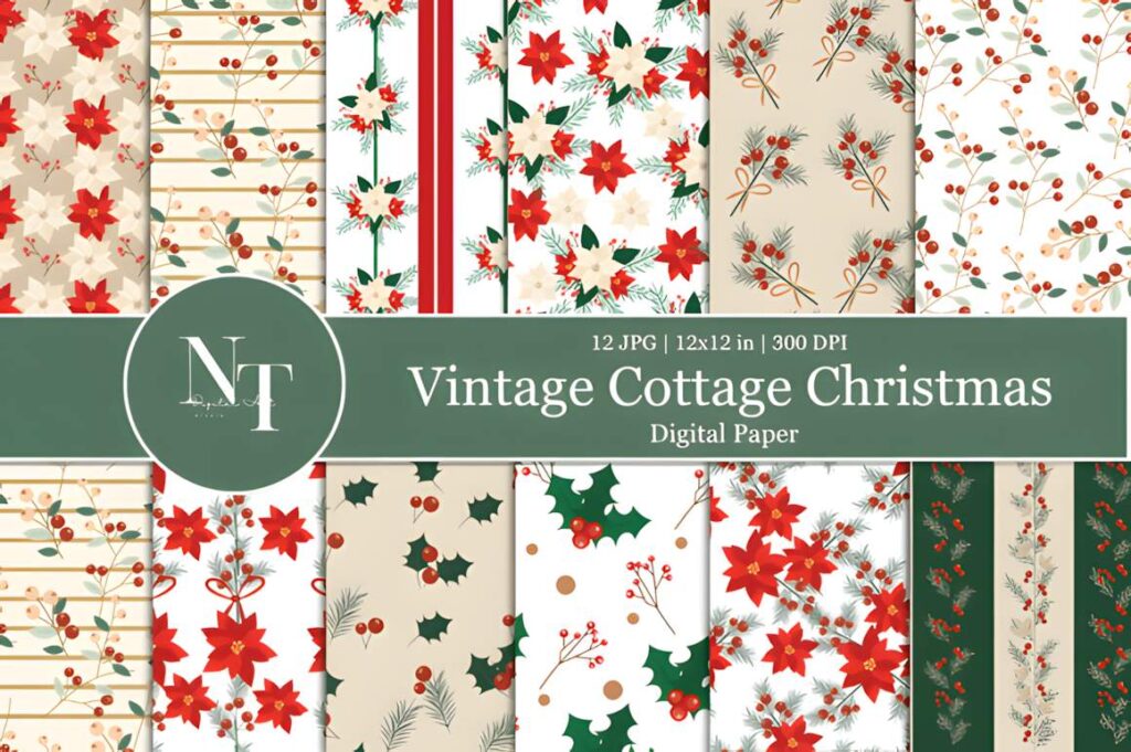 Christmas digital scrapbook paper set with poinsettias, holly, pine branches, and winter berries in red, green, cream, and