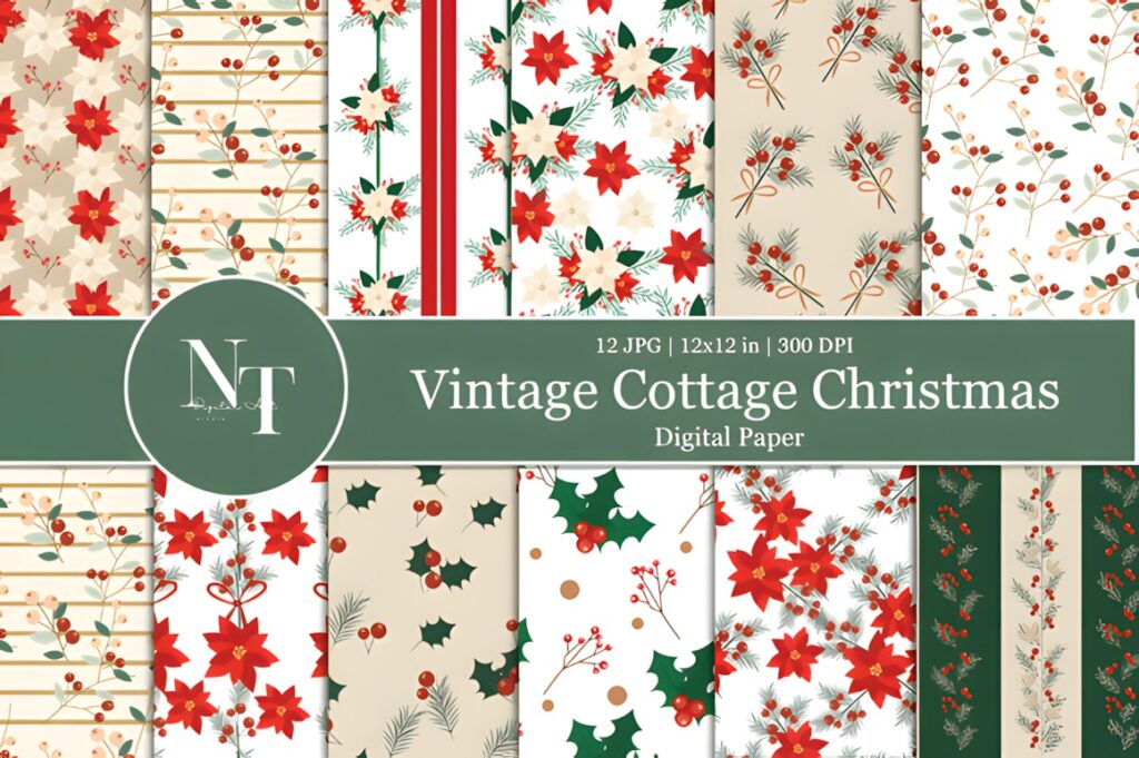 Christmas digital scrapbook paper featuring vintage cottage style poinsettias, holly, pine branches, and winter berries in