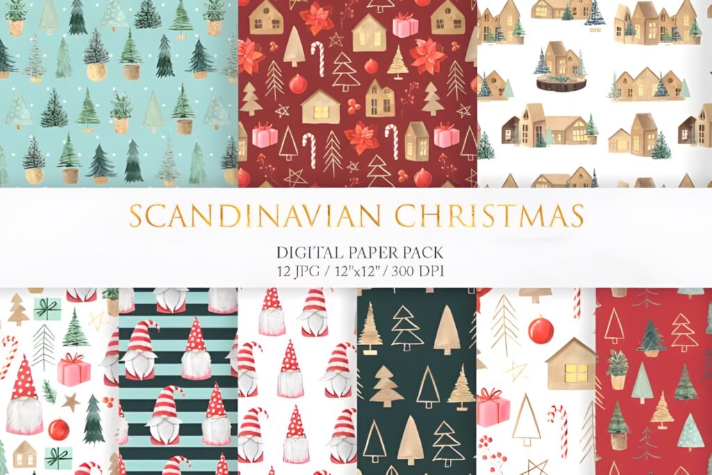 Christmas digital scrapbook paper with Scandinavian Christmas designs including trees, houses, gnomes, and ornaments in