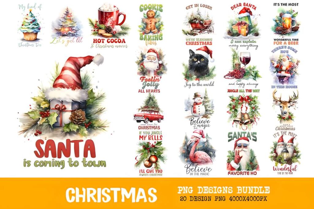 Christmas t-shirt design ideas for POD sellers featuring whimsical holiday graphics including Santa, snowmen, gifts, and